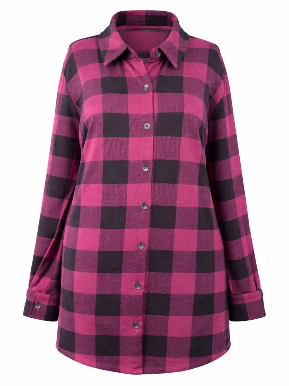 Super Soft, Belle by Kim Gravel Buffalo Plaid Tunic Top Pink Black Button Front